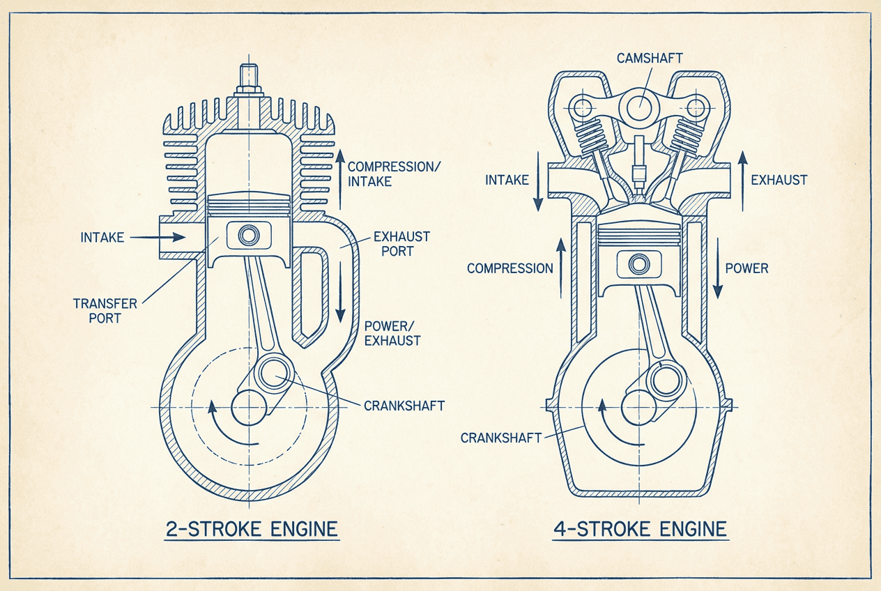 Cross-section diagram comparing 2-stroke and 4-stroke dirt bike engine mechanics