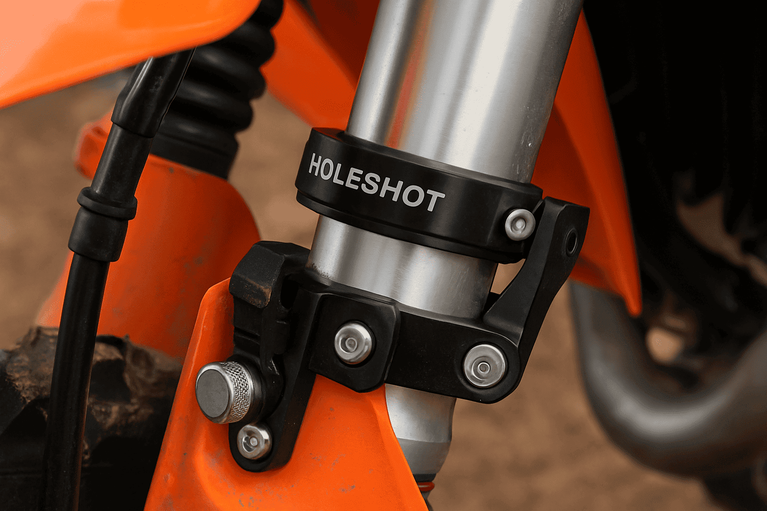 Closeup of motocross holeshot device showing fork collar and latch mechanism