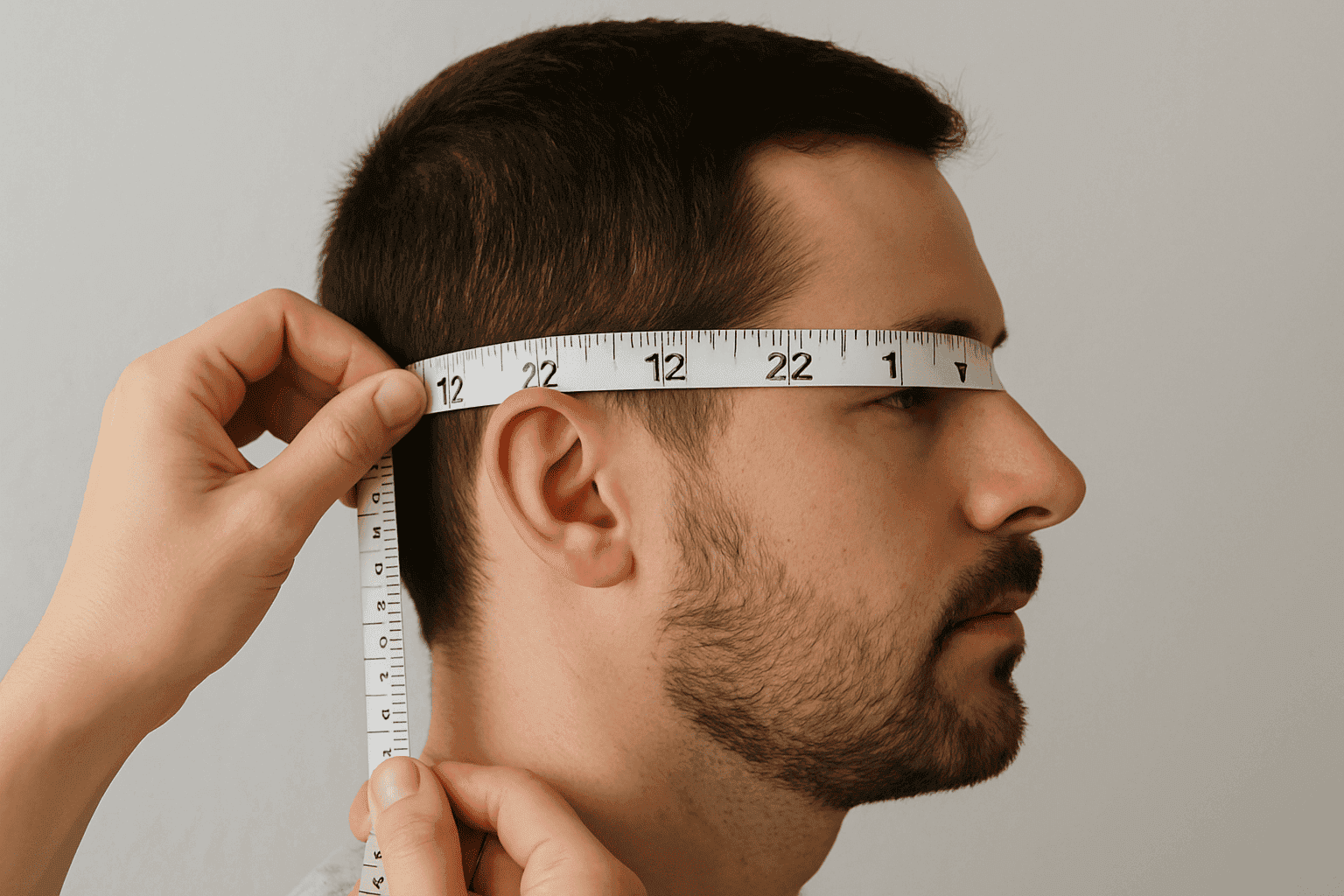 Step-by-step demonstration of measuring head for motorcycle helmet with soft tape measure