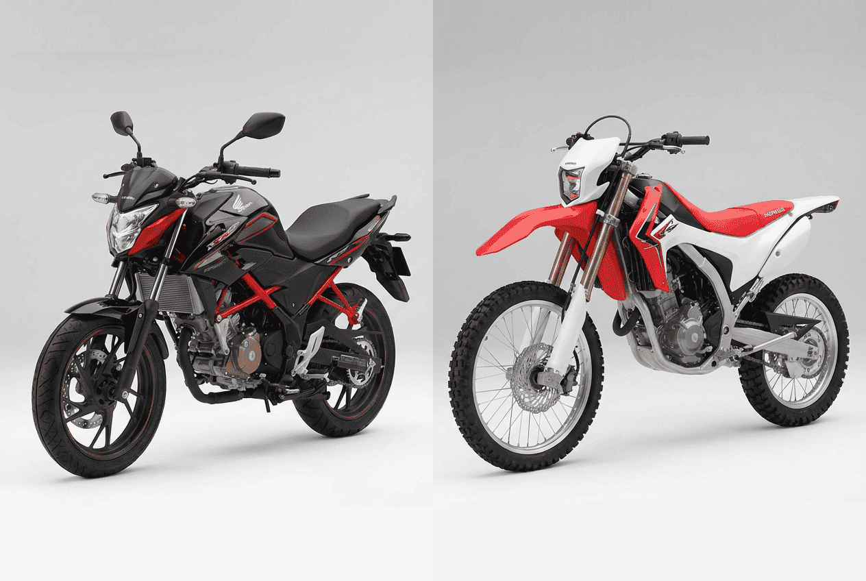 Street legal motorcycle with required equipment compared to off-road dirt bike without license plate