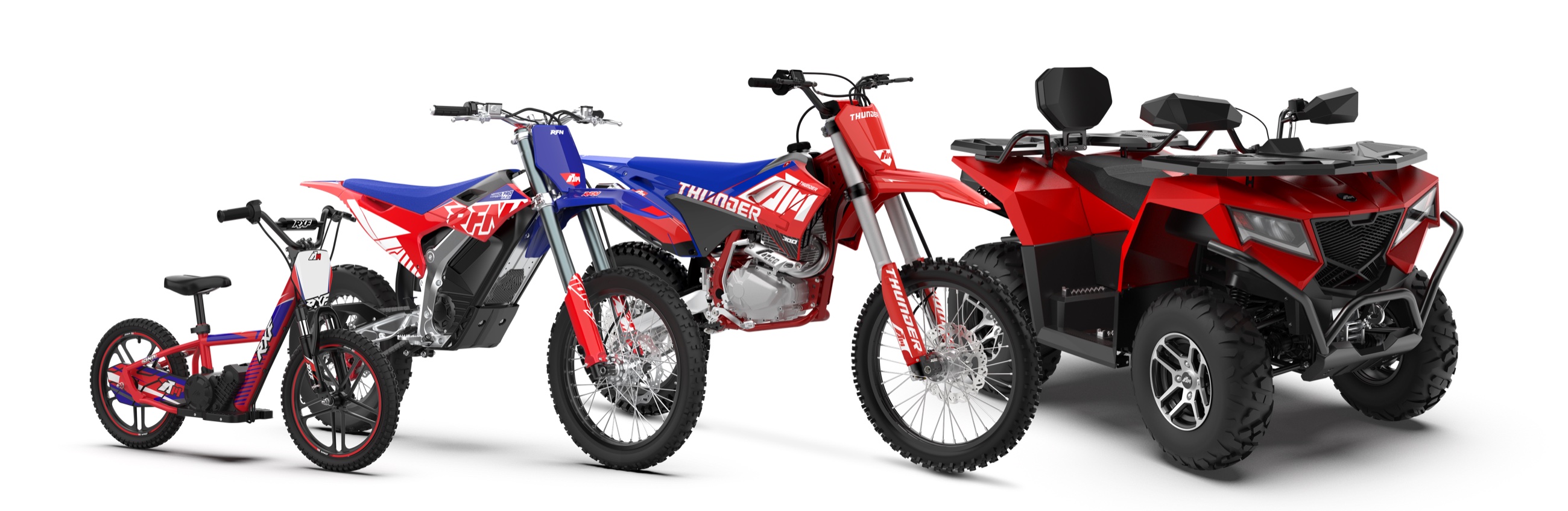 APOLLO MOTO wholesale product range with RFN electric bikes, AM gasoline dirt bikes and utility ATVs