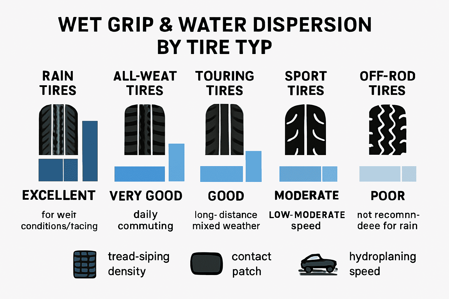 Comparison of motorcycle tire types for wet conditions: rain tires excellent grip and water dispersion; all‑weather very good; touring good; sport moderate; off‑road poor