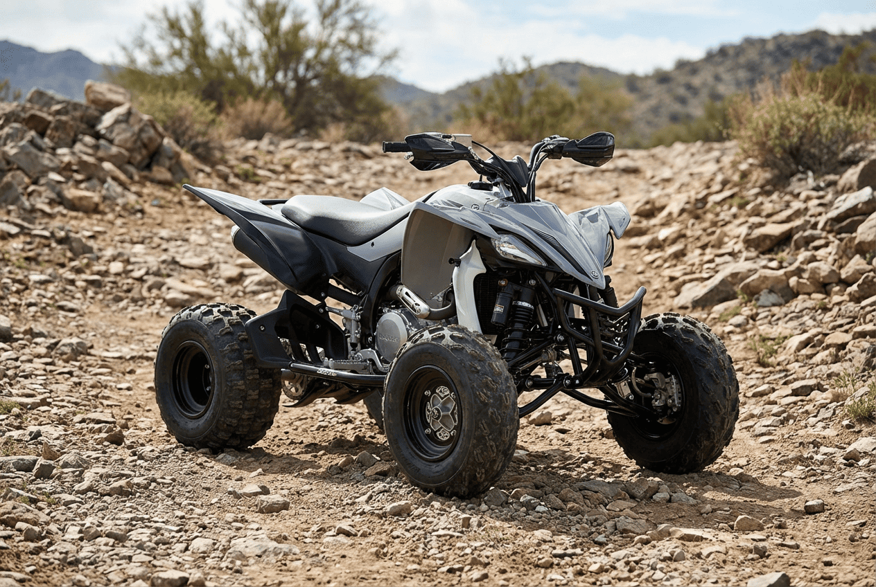 ATV quad bike featuring straddle seat design and handlebar steering for single rider