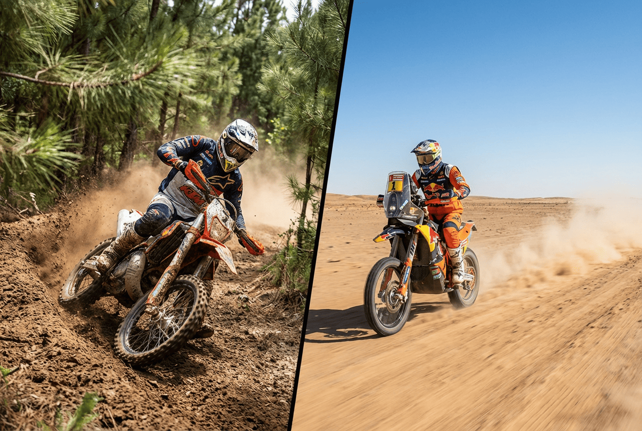 Dirt bike handling comparison between tight trail riding and open track racing conditions