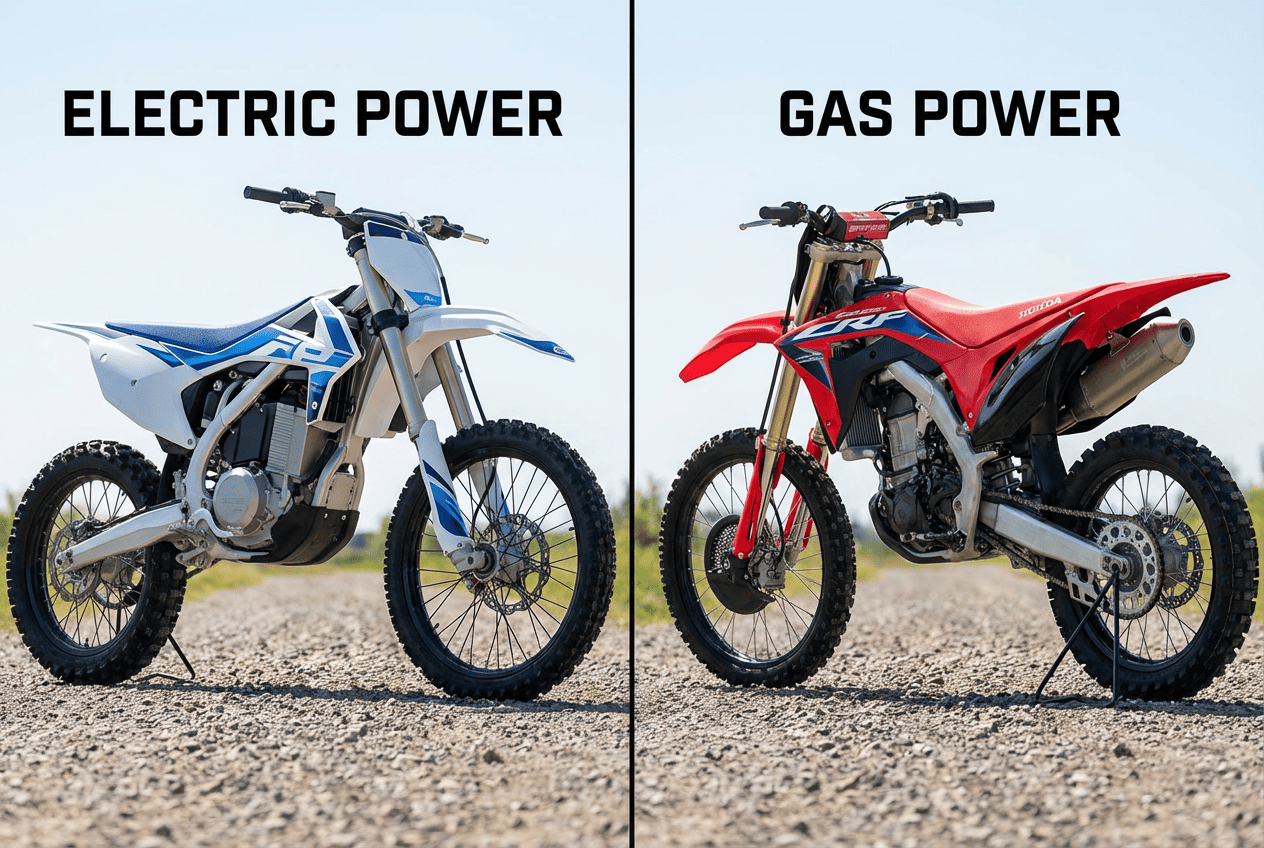 Electric dirt bike versus gas dirt bike comparison showing battery pack and exhaust differences