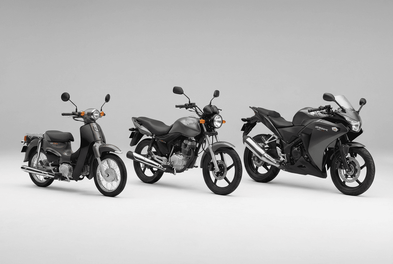 Motorcycle classification by engine size showing 50cc moped, 125cc, and 250cc motorcycles