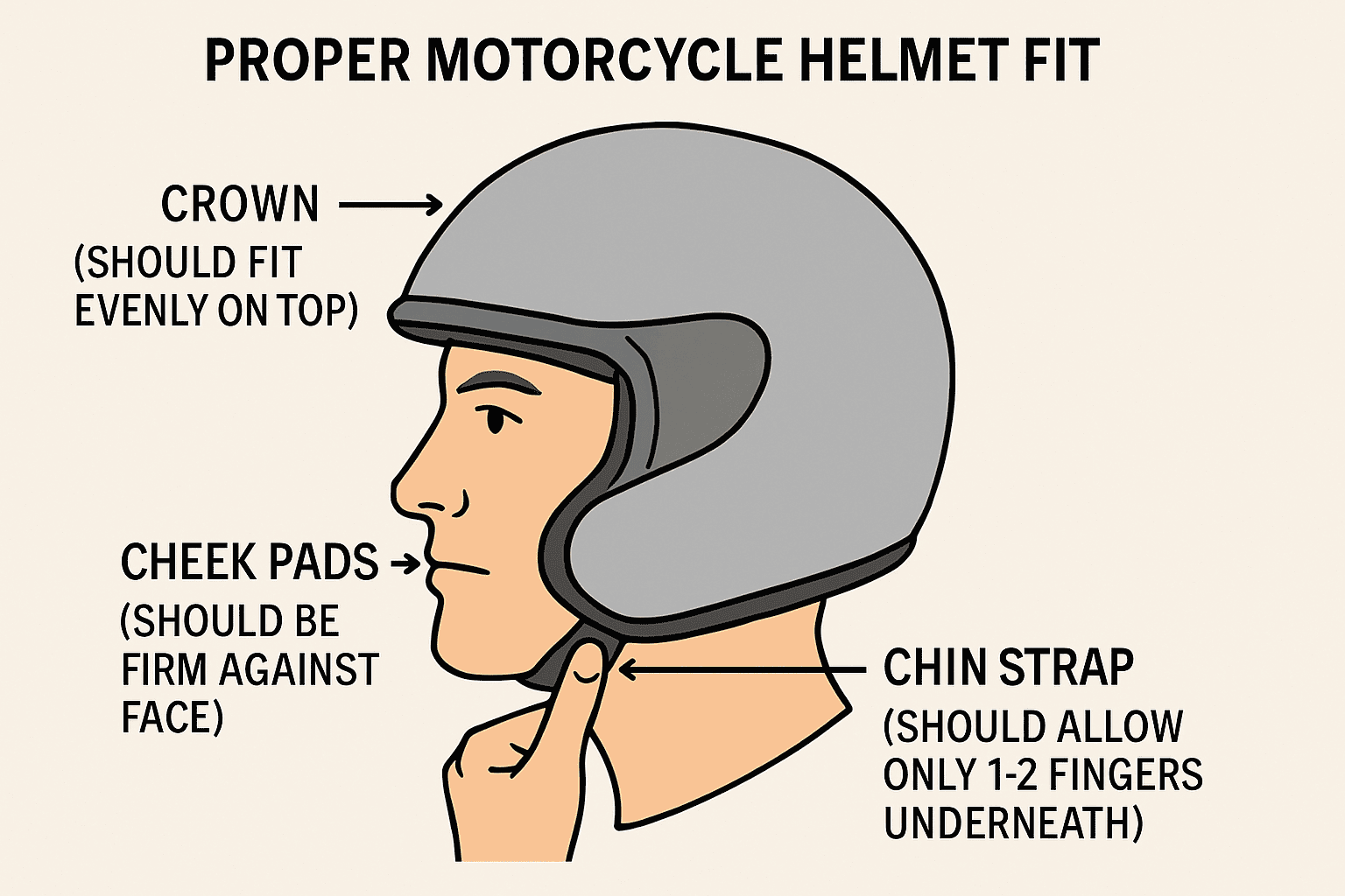 Motorcycle helmet proper fit checks for cheek pads, crown, and chin strap
