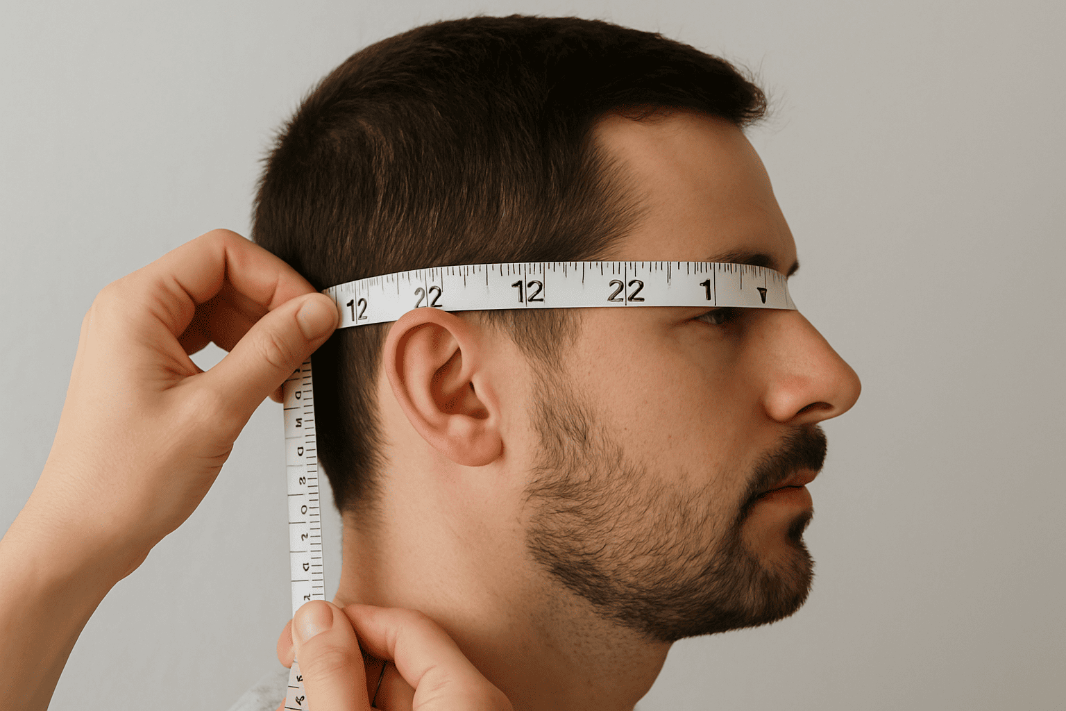 Step-by-step demonstration of measuring head for motorcycle helmet with soft tape measure