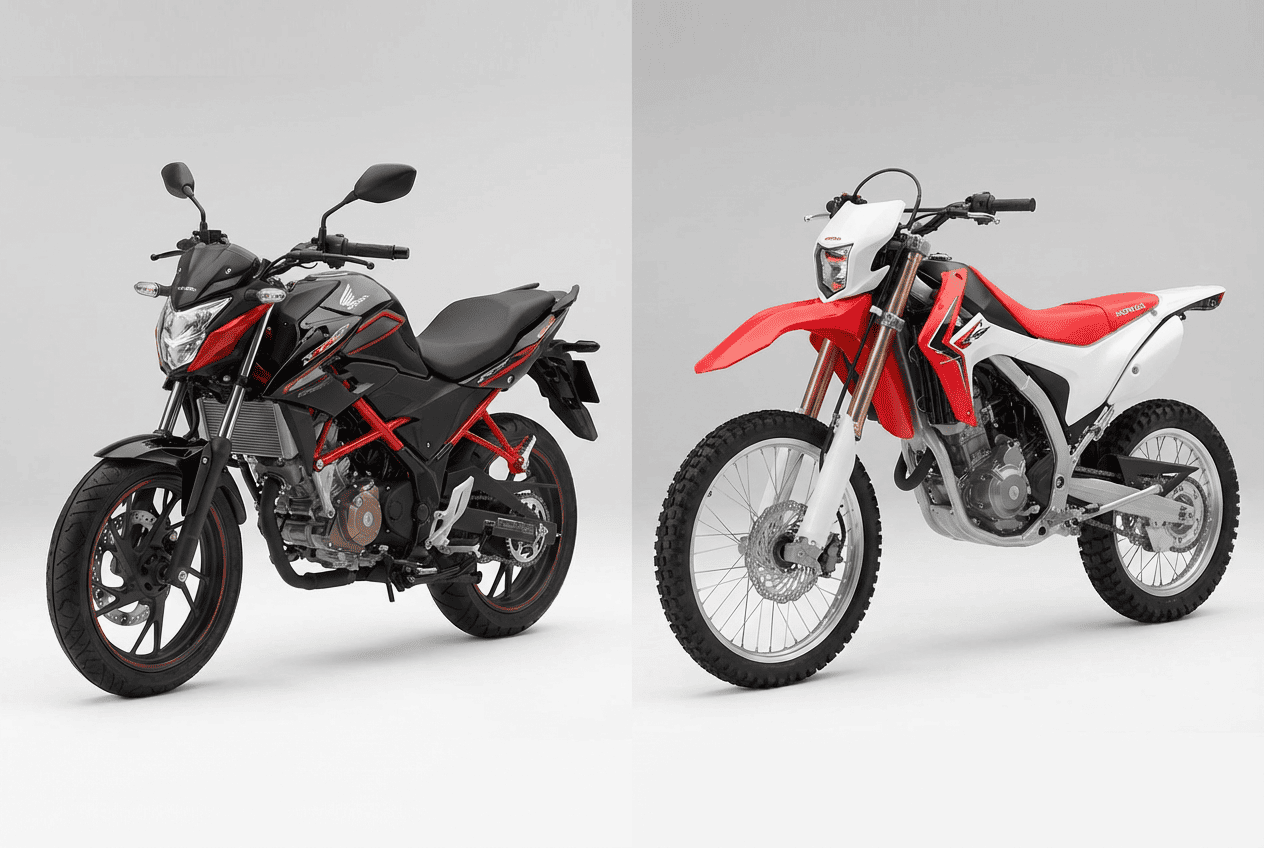 Street legal motorcycle with required equipment compared to off-road dirt bike without license plate