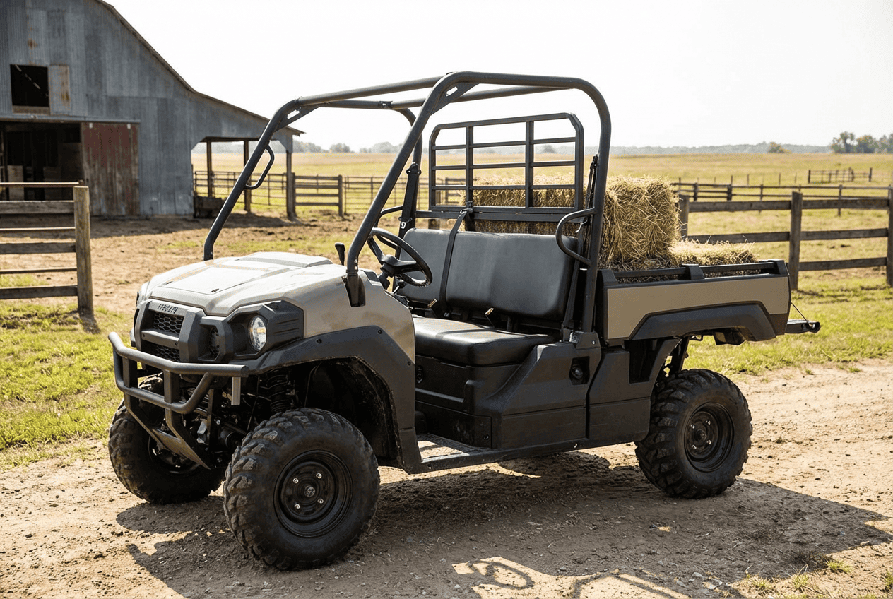 UTV side-by-side vehicle with roll cage, steering wheel, and cargo bed for utility work